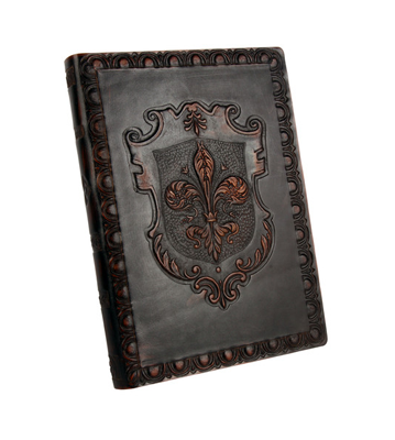 Ornate old world leather journal with embossed fleur de lis crest