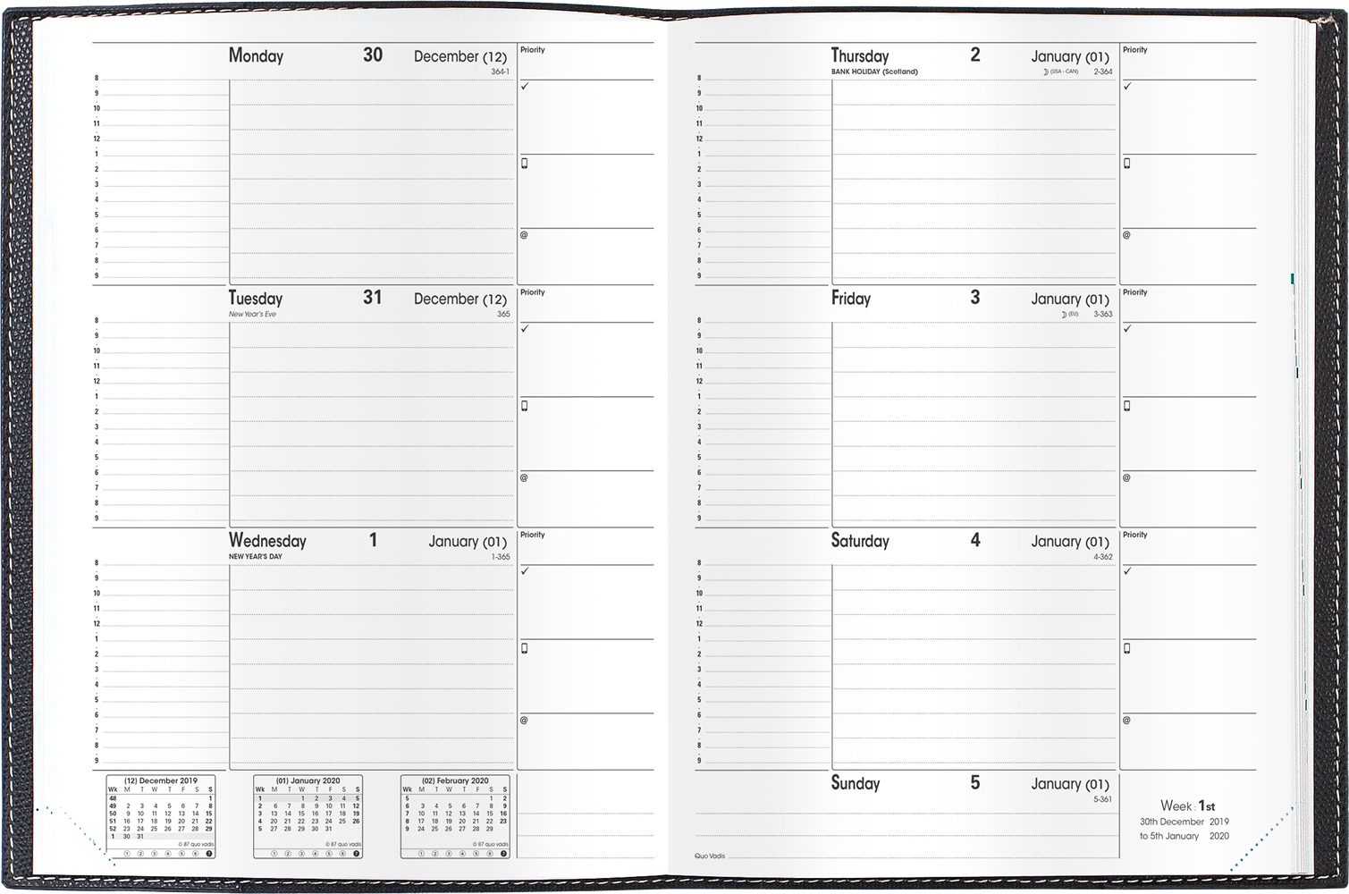 Quo Vadis "Principal" Weekly Planner 12 months, August to July  - 7 x 9 3/8"